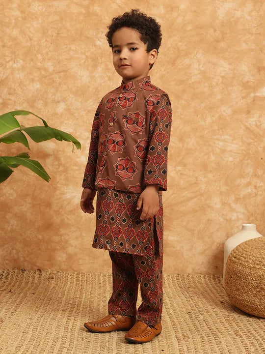 Boys Straight Style Cotton Kurta & Pyjama with Nehru jacket - Ember Brown - Infant - Mitthu Kids Ethnic Wear