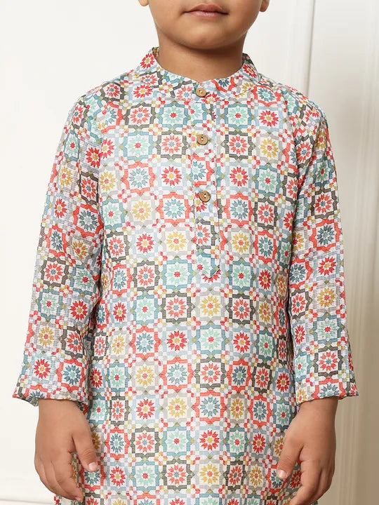 Boys Kurta & Pyjama Printed Kota Doria Fabric- Multi Colour - Infant - Mitthu Kids Ethnic Wear