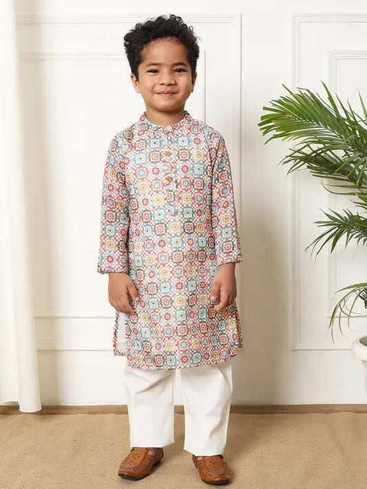Boys Kurta & Pyjama Printed Kota Doria Fabric- Multi Colour - Infant