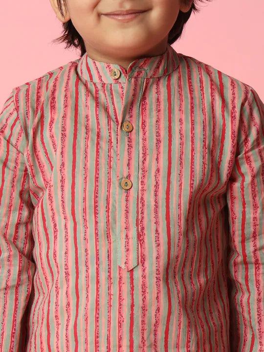 Boys Kurta & Pyjama Printed Cotton Fabric -  Grey & Red Striped - Infant - Mitthu Kids Ethnic Wear