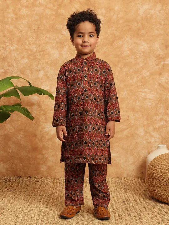Boys Straight Style Cotton Kurta & Pyjama with Nehru jacket - Ember Brown - Infant - Mitthu Kids Ethnic Wear