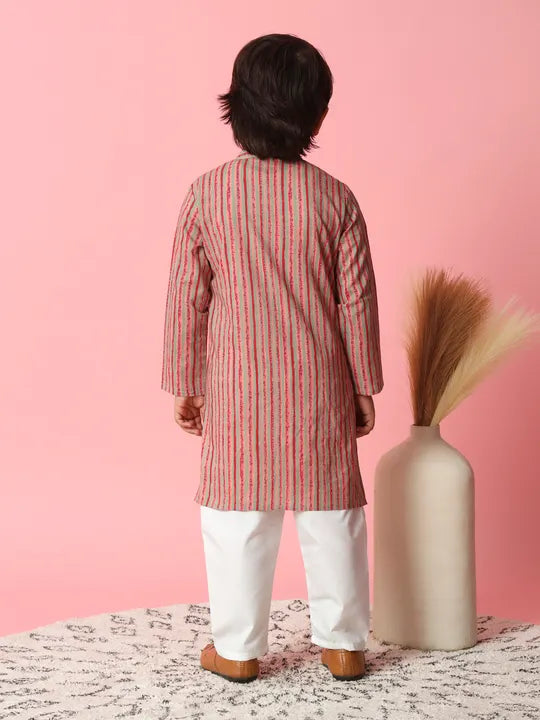 Boys Kurta & Pyjama Printed Cotton Fabric -  Grey & Red Striped