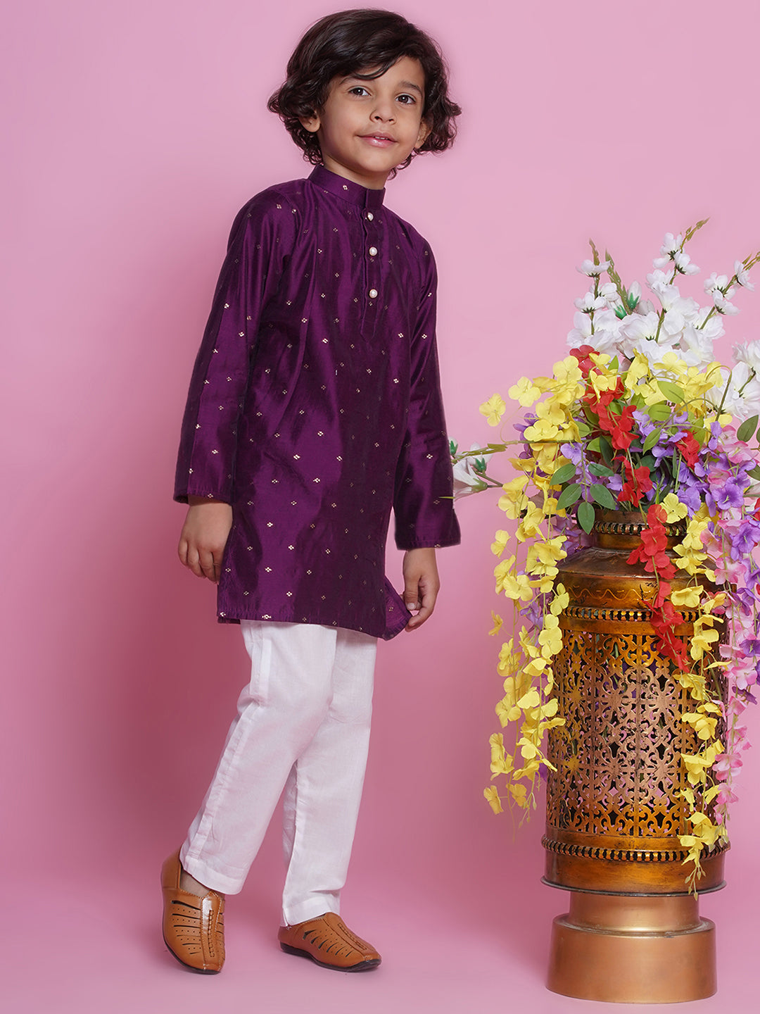 Chanderi Silk Kurta with Pyjama - Purple - Infant - Mitthu Kids Ethnic Wear
