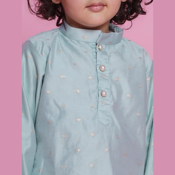 Boys Chanderi Silk Kurta Pyjama -Powder Green - Mitthu Kids Ethnic Wear
