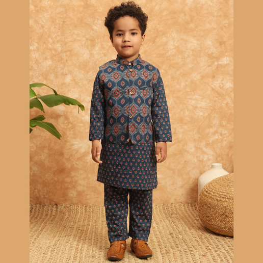 Boys Straight Style Cotton Fabric Blue Color Kurta and Pyjama with Nehru jacket - Mitthu Kids Ethnic Wear