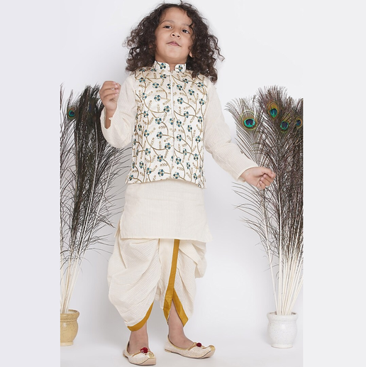 Kurta and Dhoti  with Banarsi Jacket- Mitthu Kids Ethnic Wear