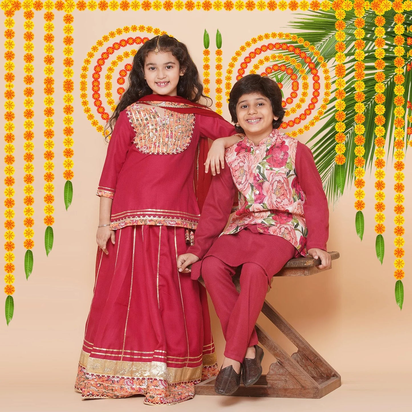 Red lehenga choli with dupatta for girls, ages toddler to teen—traditional indian design perfect for weddings & festivals.