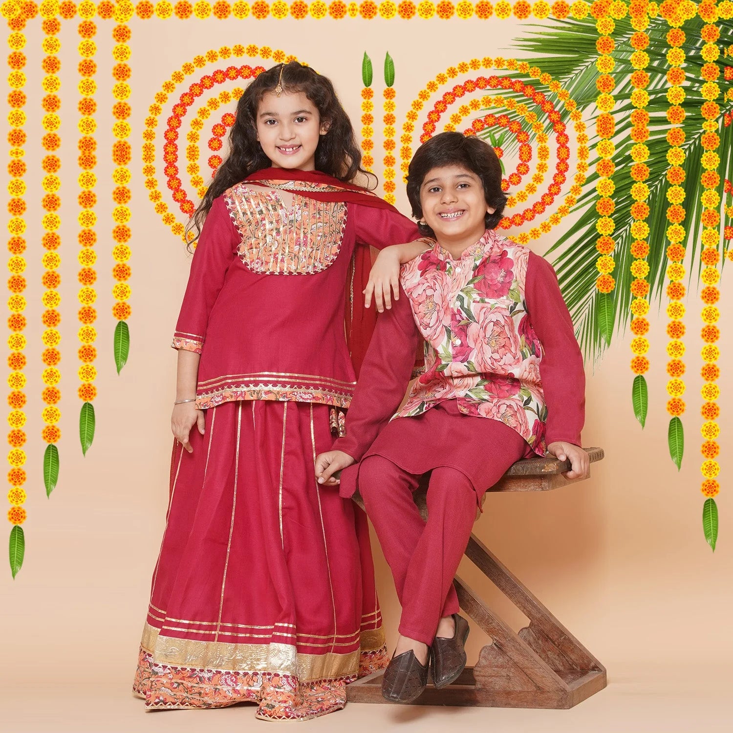 Red lehenga choli with dupatta for girls, ages toddler to teen—traditional indian design perfect for weddings & festivals.