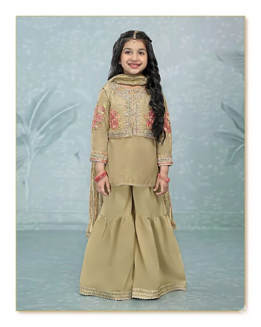 Girl in a Pakistani gharara suit with floral embroidery, a Indian festive outfit for kids for weddings and celebrations in Canada.