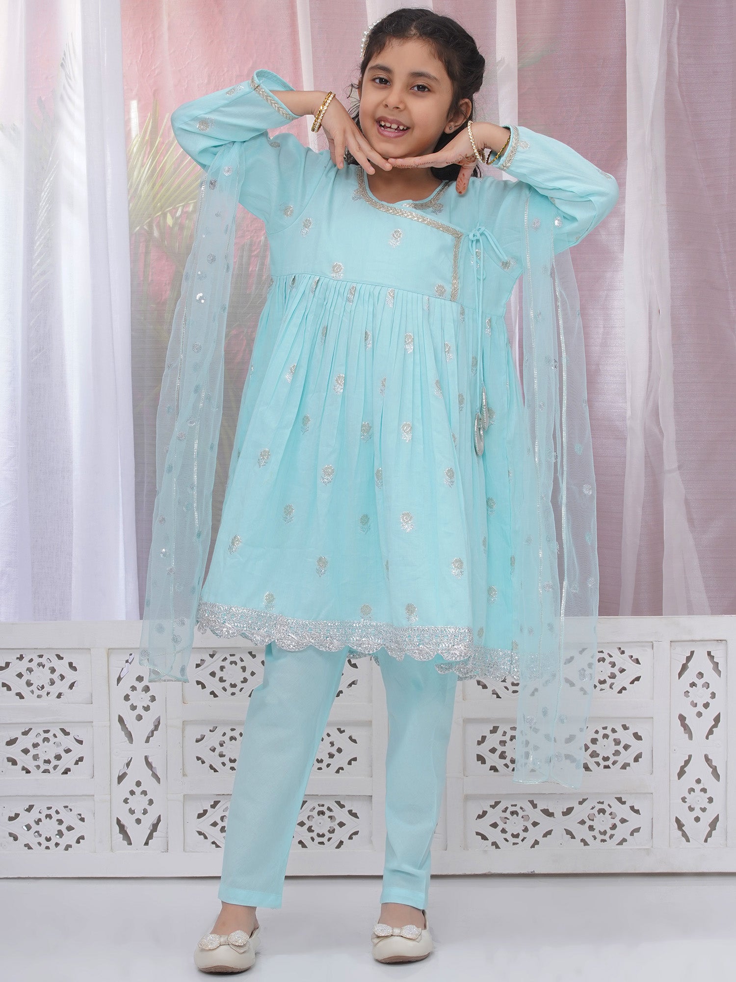 Girls Cotton Angrakha Kameez with Pyjami and Net Dupatta - Light Blue - Mitthu Kids Ethnic Wear