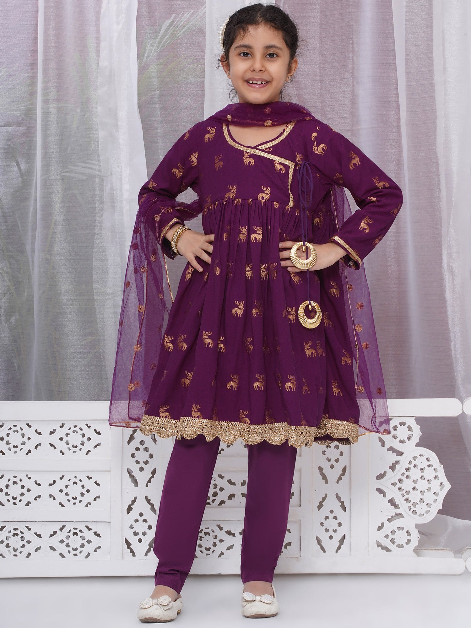 Girls Cotton Angrakha Kameez with Pyjami and Net Dupatta - Purple - Mitthu Kids Ethnic Wear