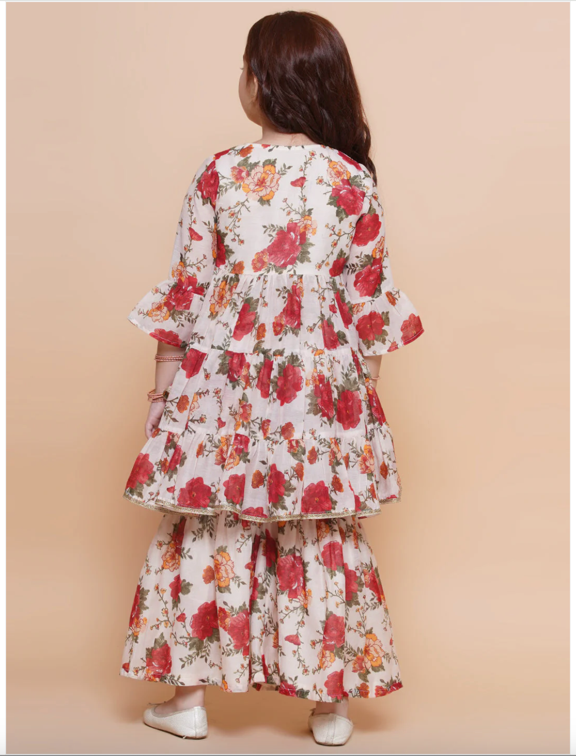 Girls Beige & Red Floral Printed Frock Style Kameez with Sharara - Mitthu Kids Ethnic Wear