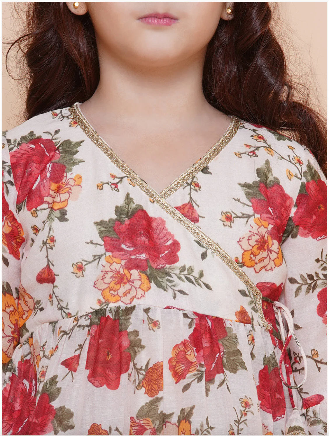 Girls Beige & Red Floral Printed Frock Style Kameez with Sharara - Mitthu Kids Ethnic Wear