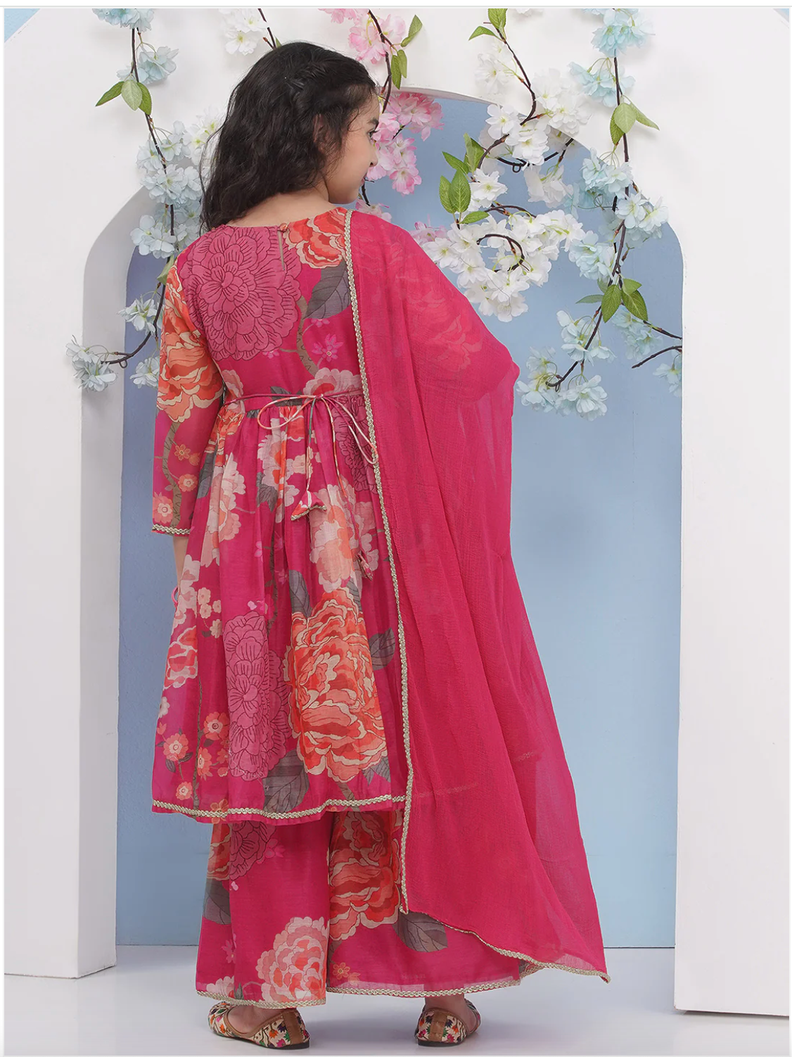 Girls Rani Pink Anarkali Style Kameez with Sharara and Dupatta - Mitthu Kids Ethnic Wear