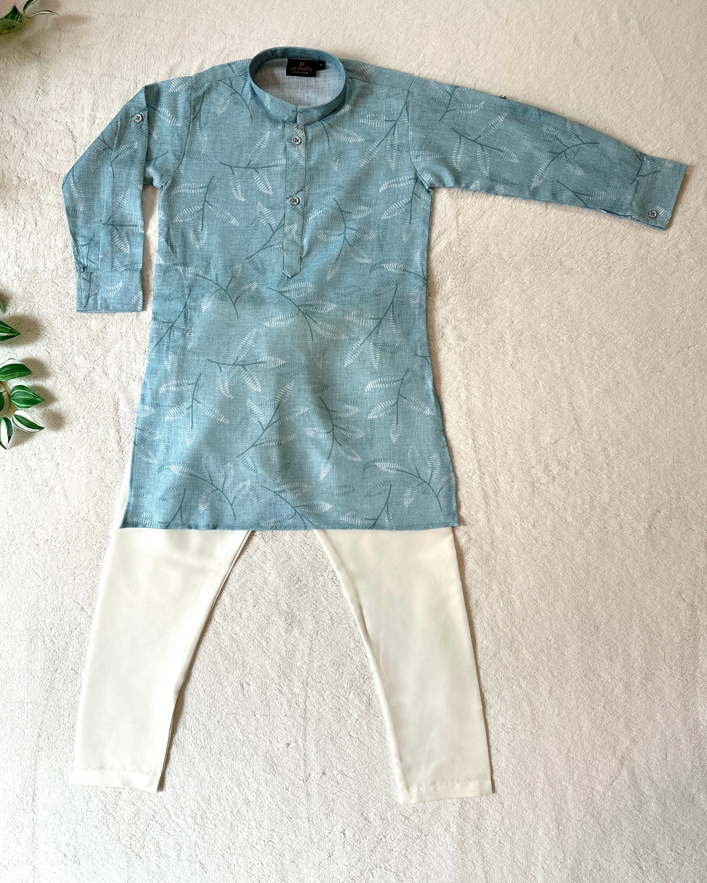 Boys Printed Cotton Kurta Pyjama Set- Light Blue - Infant - Mitthu Kids Ethnic Wear