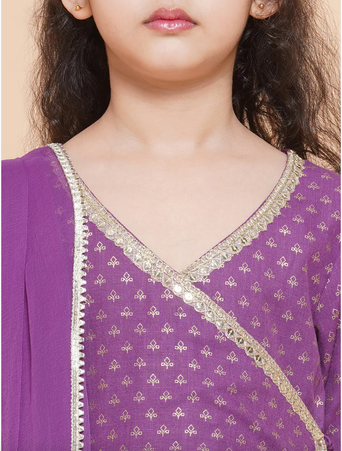 Girls Foil Print Kurti with Trousers & Dupatta -  Purple - Mitthu Kids Ethnic Wear