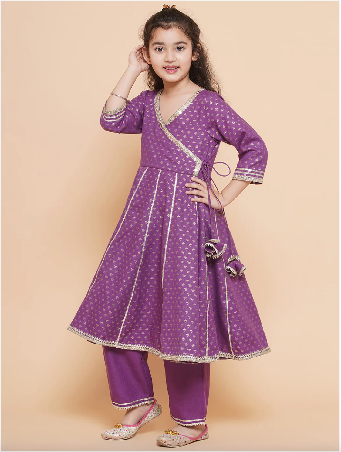 Girls Foil Print Kurti with Trousers & Dupatta -  Purple - Mitthu Kids Ethnic Wear