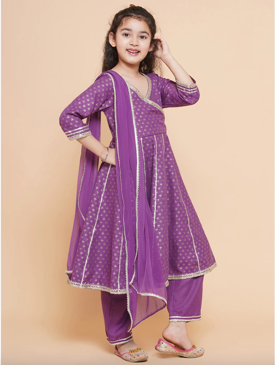 Girls Foil Print Kurti with Trousers & Dupatta -  Purple - Mitthu Kids Ethnic Wear