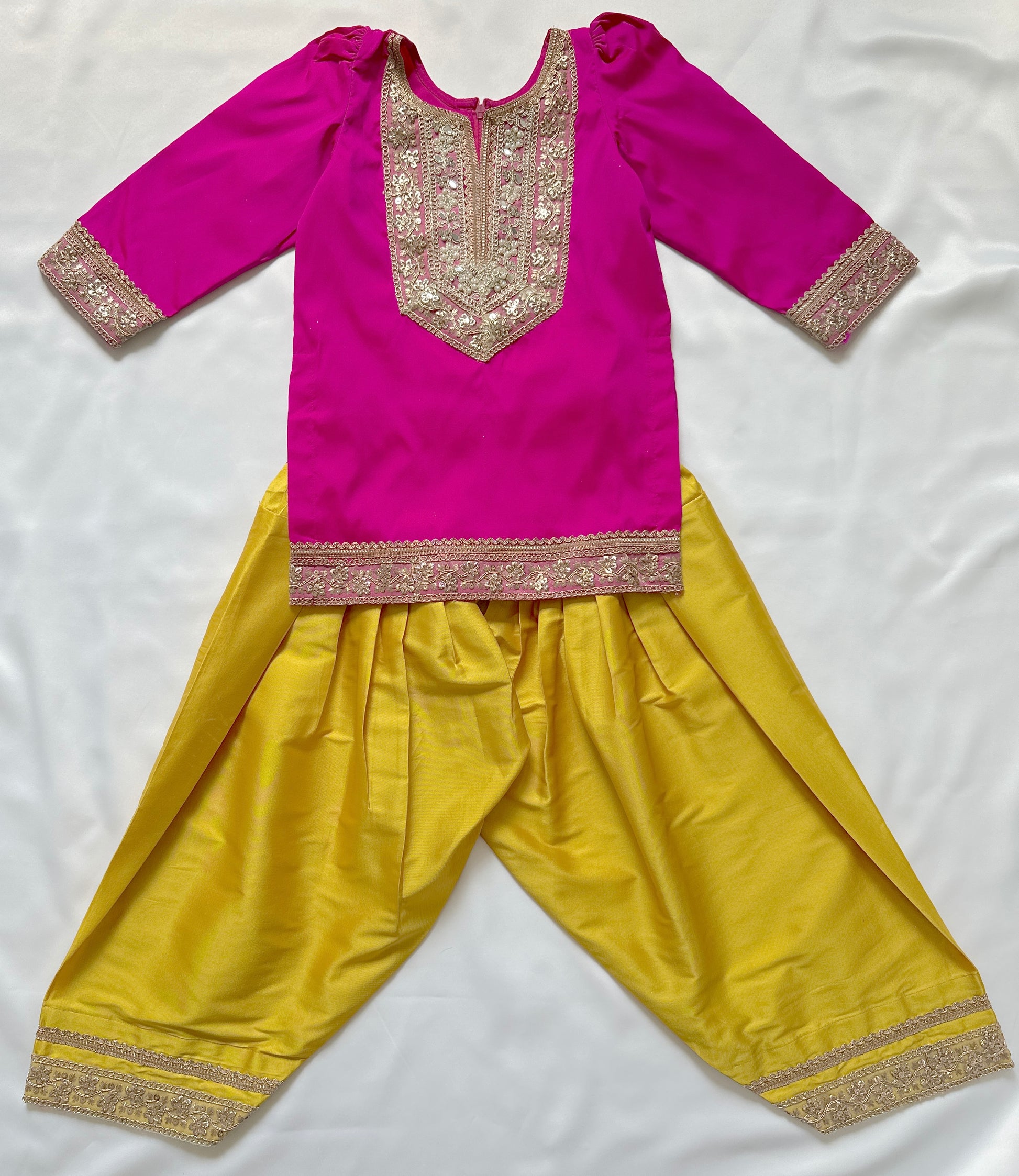 Rani pink kameez with yellow farshi shalwar, embroidered kids Indian Pakistani outfit for weddings & festivals.