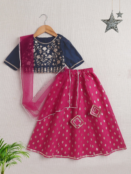 Girls Lehenga Choli With Dupatta-Blue & Pink - Infant - Mitthu Kids Ethnic Wear