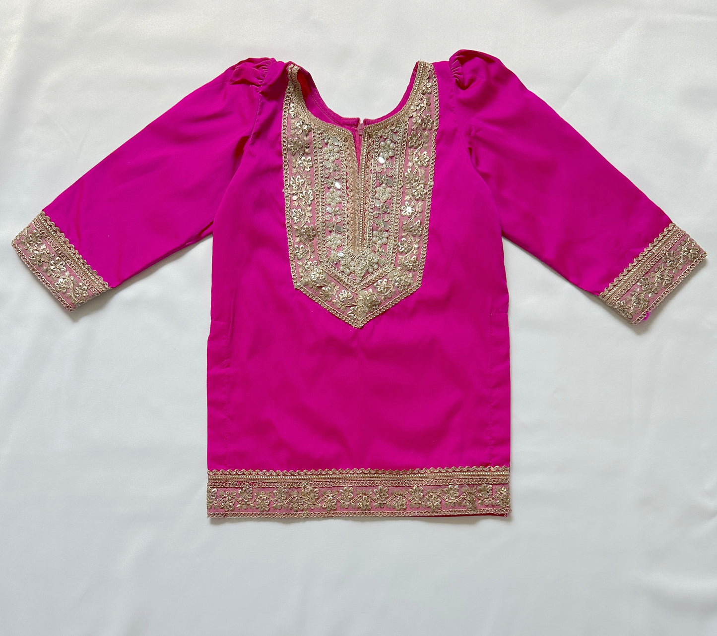 Rani pink kameez with yellow farshi shalwar, embroidered kids Indian Pakistani outfit for weddings & festivals.
