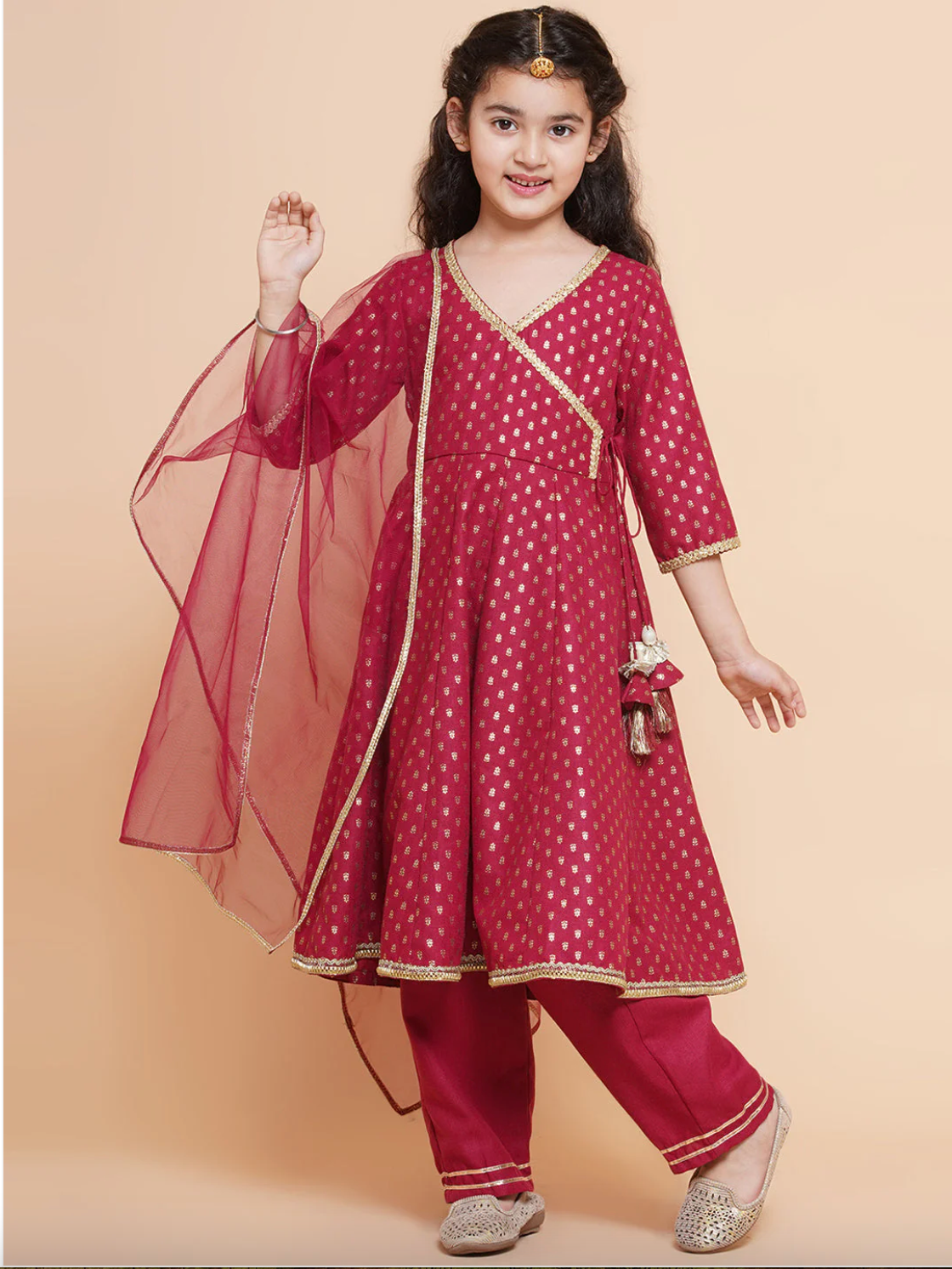 Beautiful red Anarkali with Pant & Dupatta – Available for ages 3-16 yrs. A traditional outfit, perfect for Eid, Holi, Diwali & more!