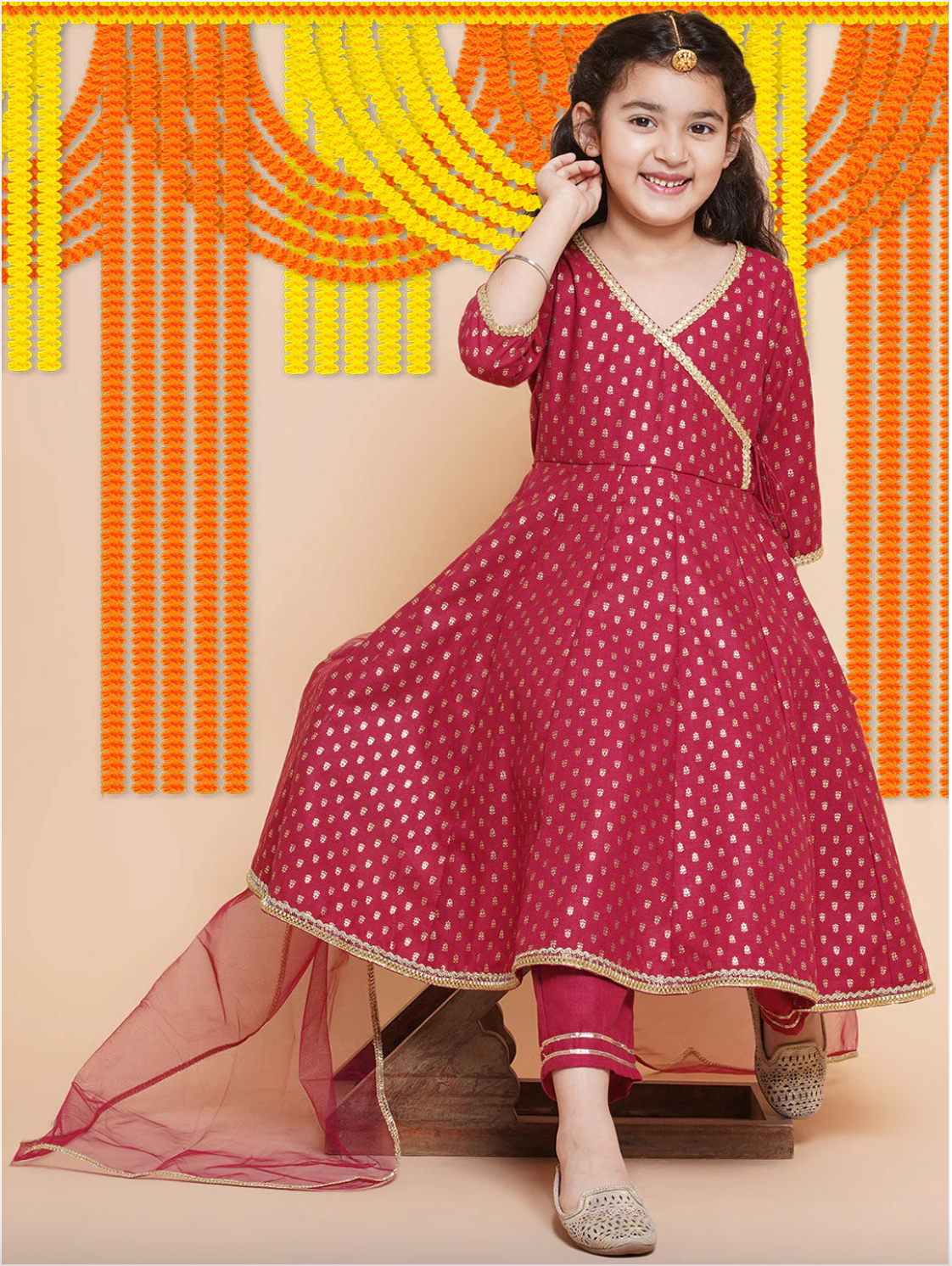 Girls Anarkali with Trousers & Dupatta -  Ruby Red - Mitthu Kids Ethnic Wear