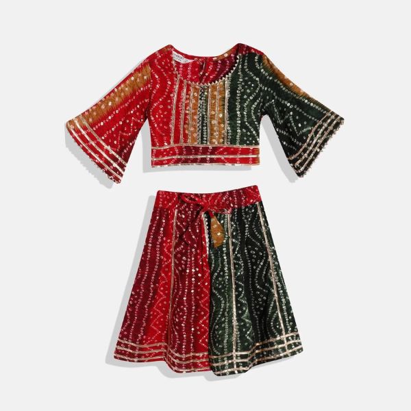 Straight style cotton fabric red & green printed lehenga choli - Infant - Mitthu Kids Ethnic Wear