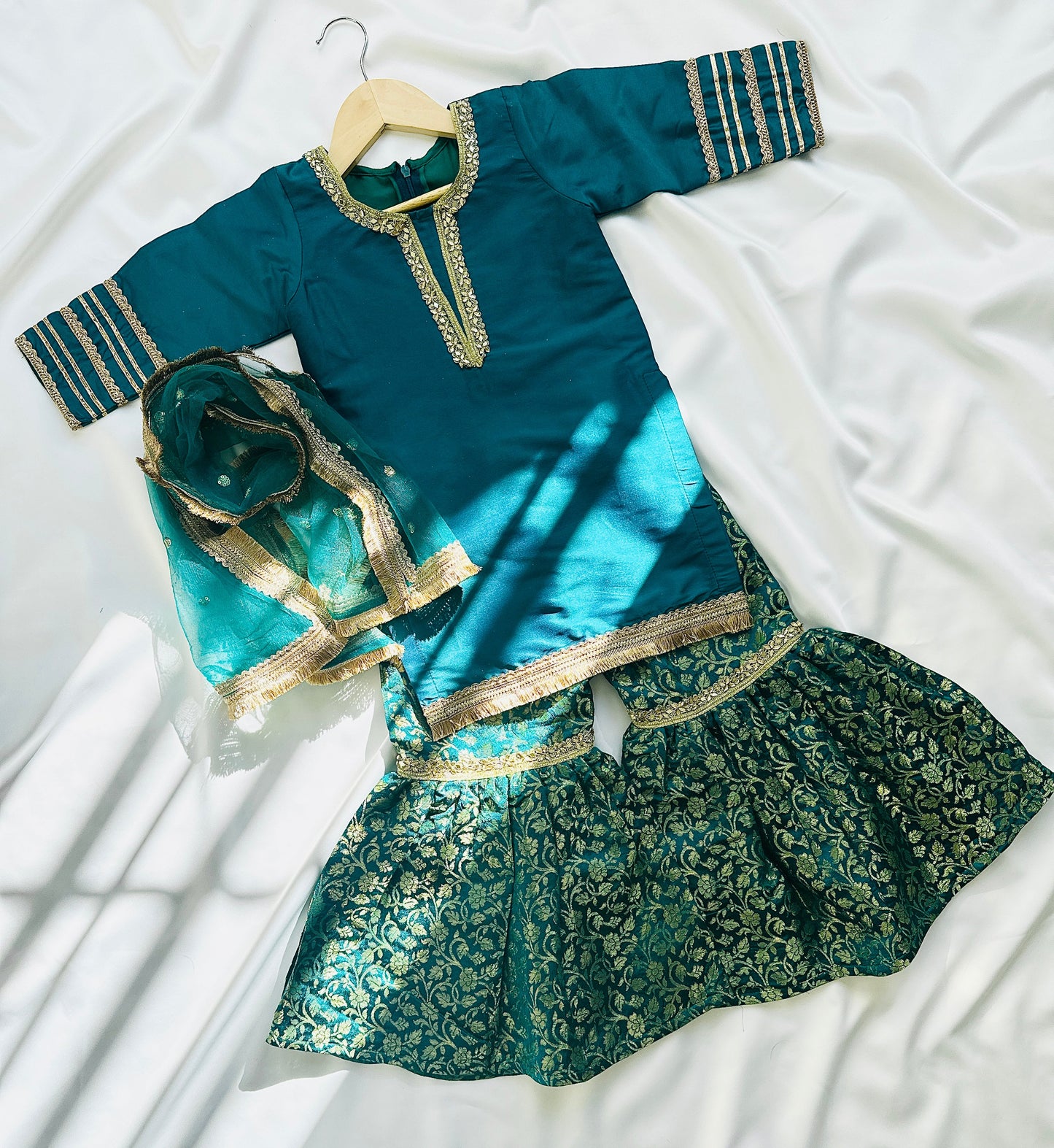 Silk Gharara  & Kameez Set with Dupatta - Peacock Green - Infant - Mitthu Kids Ethnic Wear