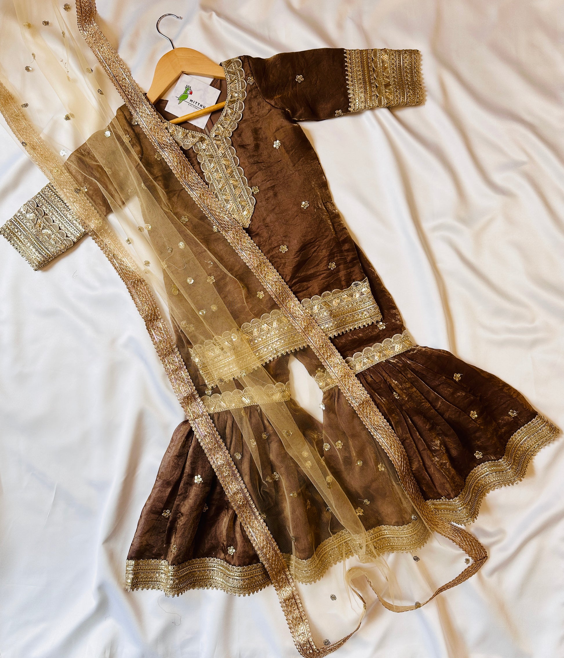 Satin Shimmer Silk Gharara  & Kameez Set with Dupatta - Walnut Brown - in Canada
