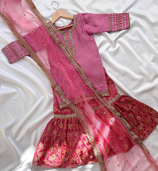 Silk Gharara  & Kameez Set with Dupatta - Baby Pink - Infant