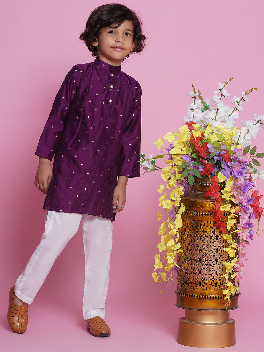 Chanderi Silk Kurta with Pyjama - Purple - Infant - Mitthu Kids Ethnic Wear