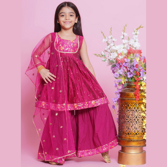 Shop Designer Sharara Suits for Girls – Embroidered, Printed, Silk, Georgette & Linen Sharara with Kurti, Dupatta – Hot Pink 