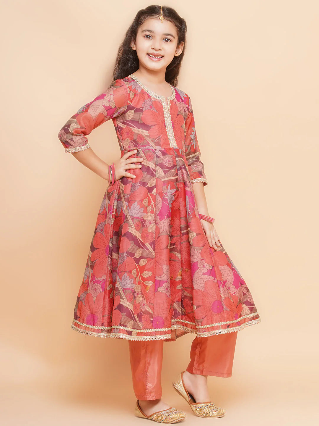 Girls Peach Floral Printed Kameez with Pant & Dupatta - Mitthu Kids Ethnic Wear