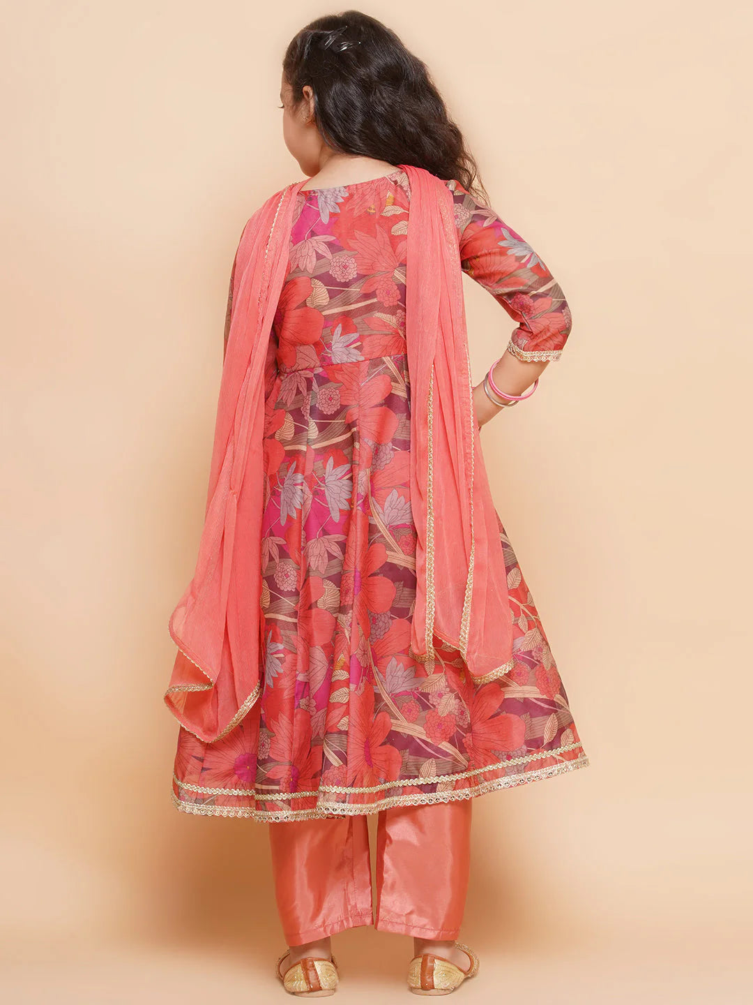 Girls Peach Floral Printed Kameez with Pant & Dupatta - Mitthu Kids Ethnic Wear