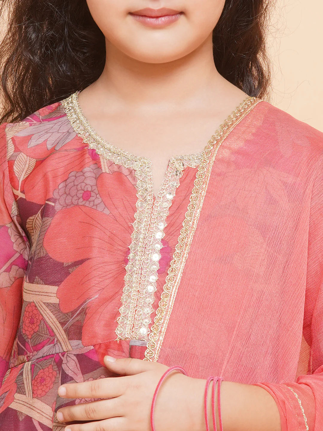 Girls Peach Floral Printed Kameez with Pant & Dupatta - Mitthu Kids Ethnic Wear