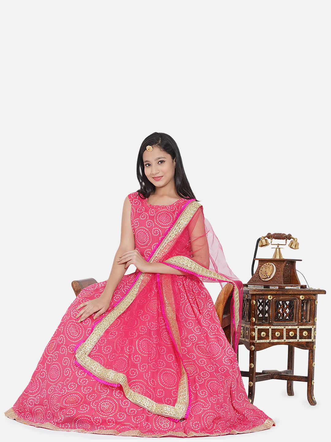 Girls Pink Jaipuri Print Lehenga & Choli With Dupatta - Mitthu Kids Ethnic Wear
