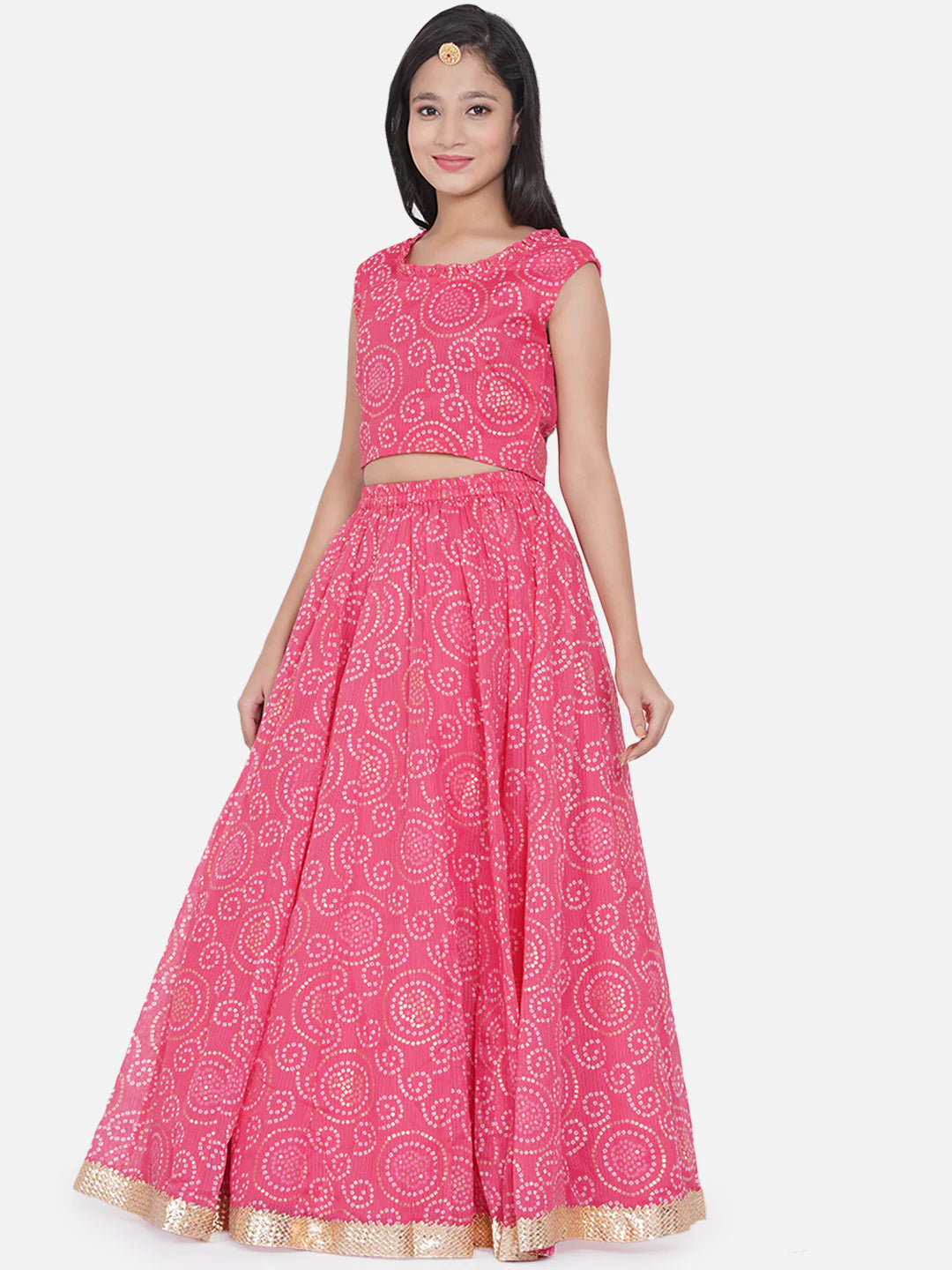 Girls Pink Jaipuri Print Lehenga & Choli With Dupatta - Mitthu Kids Ethnic Wear