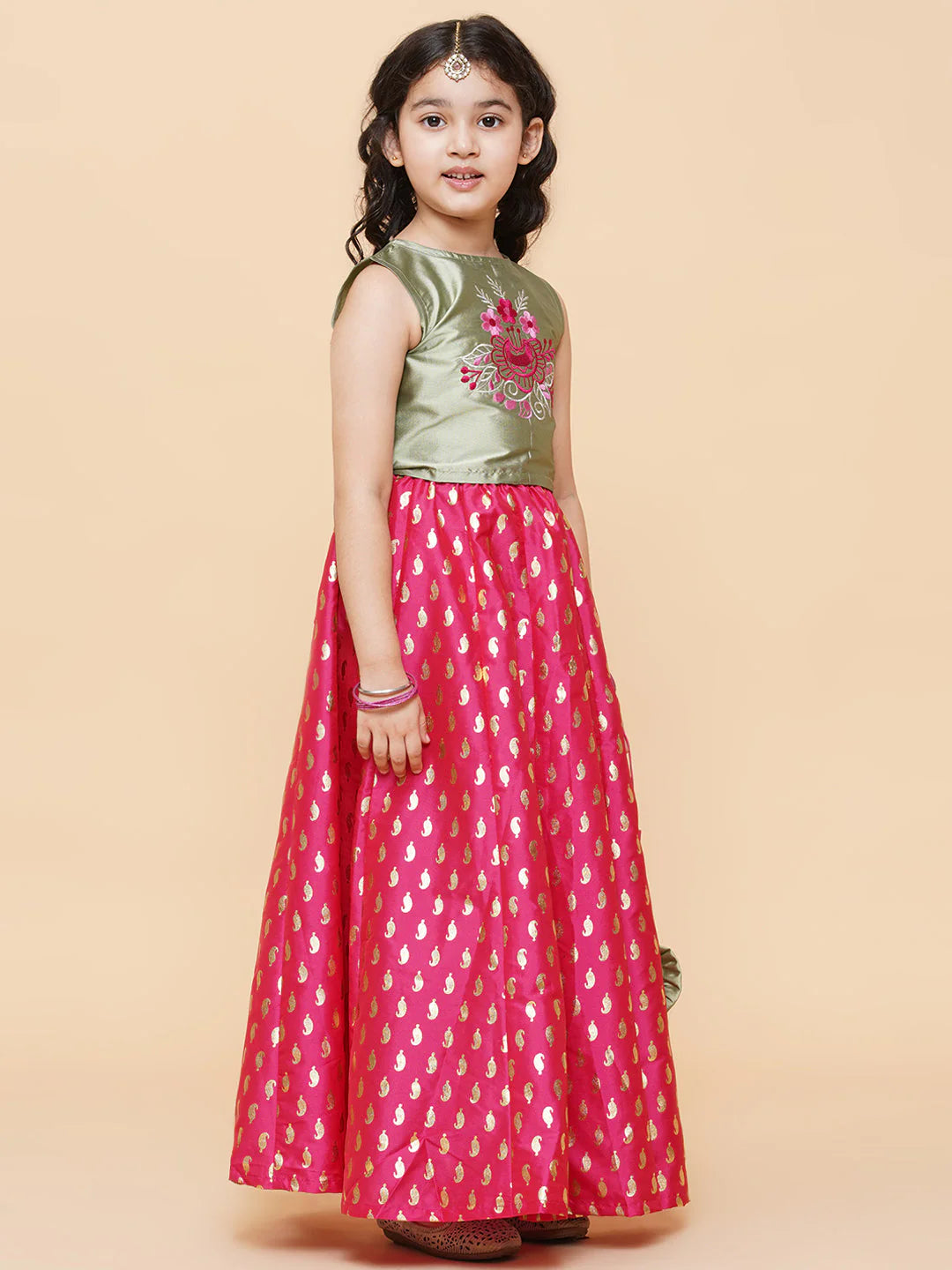 Girls Hot Pink Lehenga with Sage Green Choli & Net Dupatta - Mitthu Kids Ethnic Wear