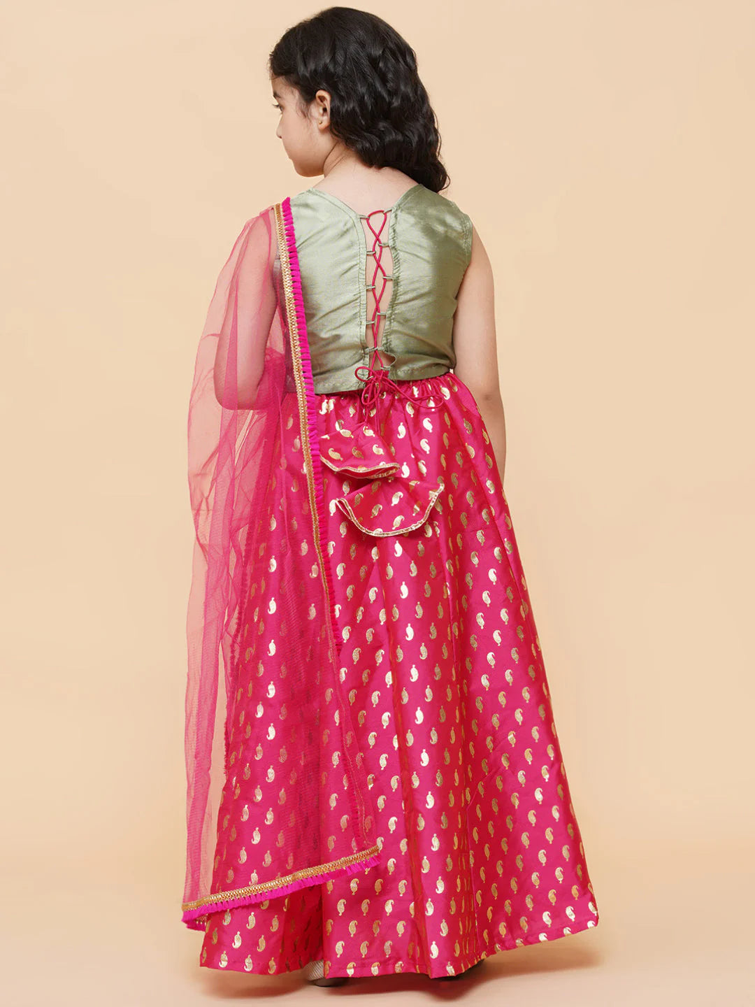 Girls Hot Pink Lehenga with Sage Green Choli & Net Dupatta - Mitthu Kids Ethnic Wear
