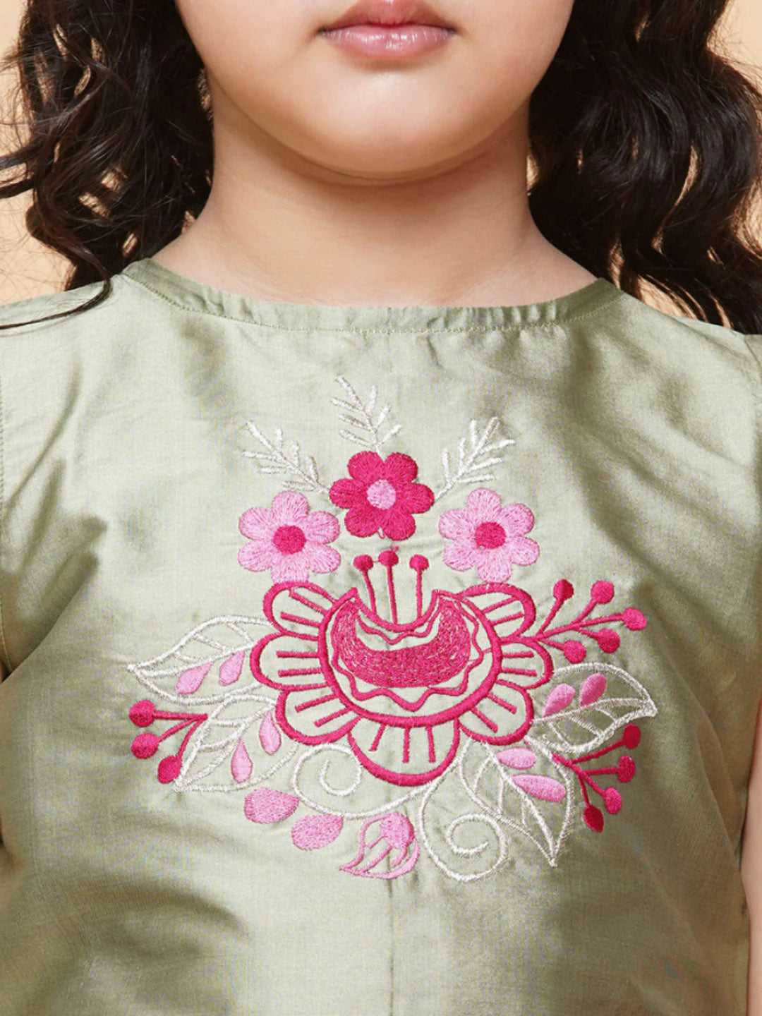 Girls Hot Pink Lehenga with Sage Green Choli & Net Dupatta - Mitthu Kids Ethnic Wear