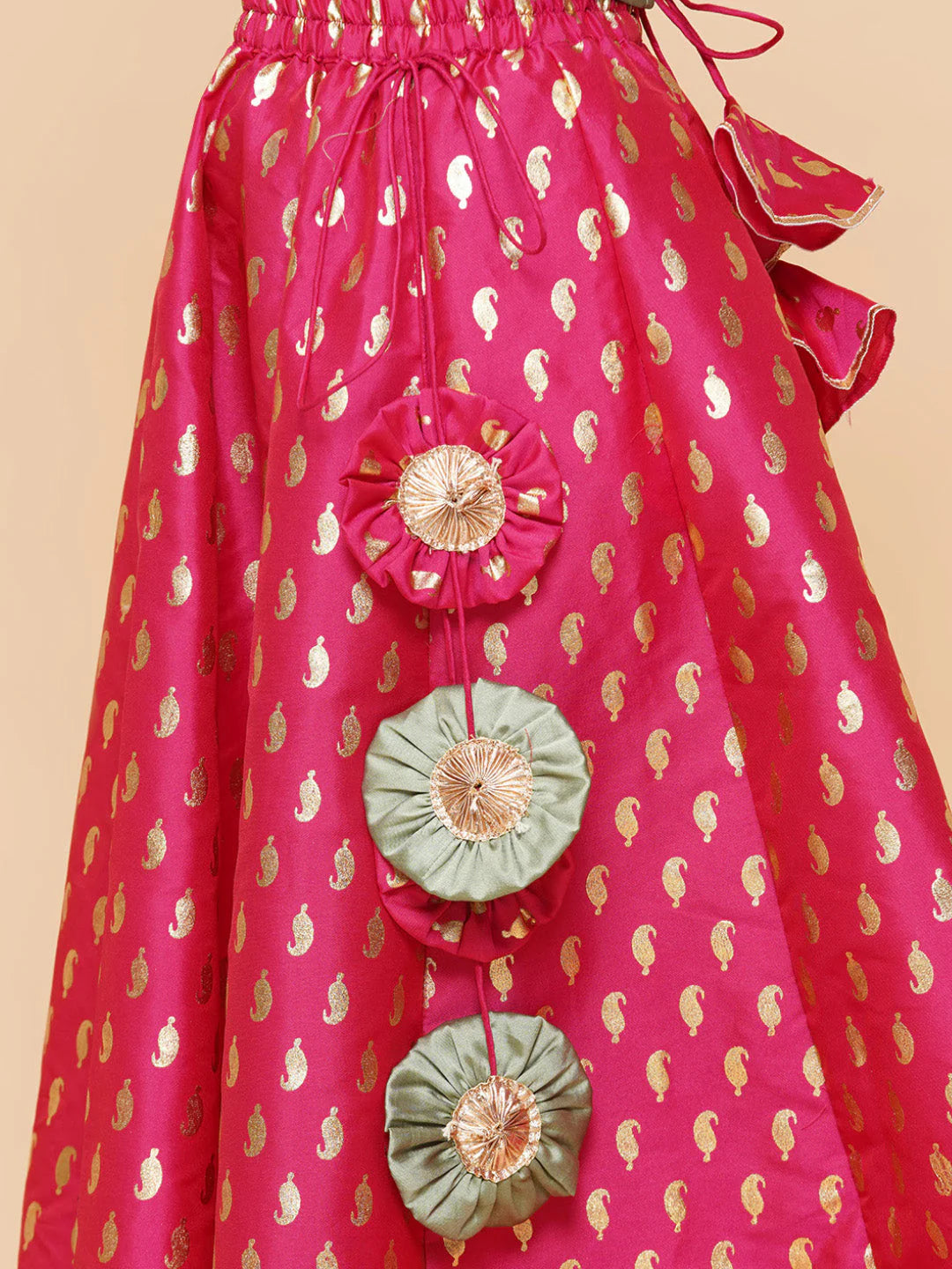 Girls Hot Pink Lehenga with Sage Green Choli & Net Dupatta - Mitthu Kids Ethnic Wear