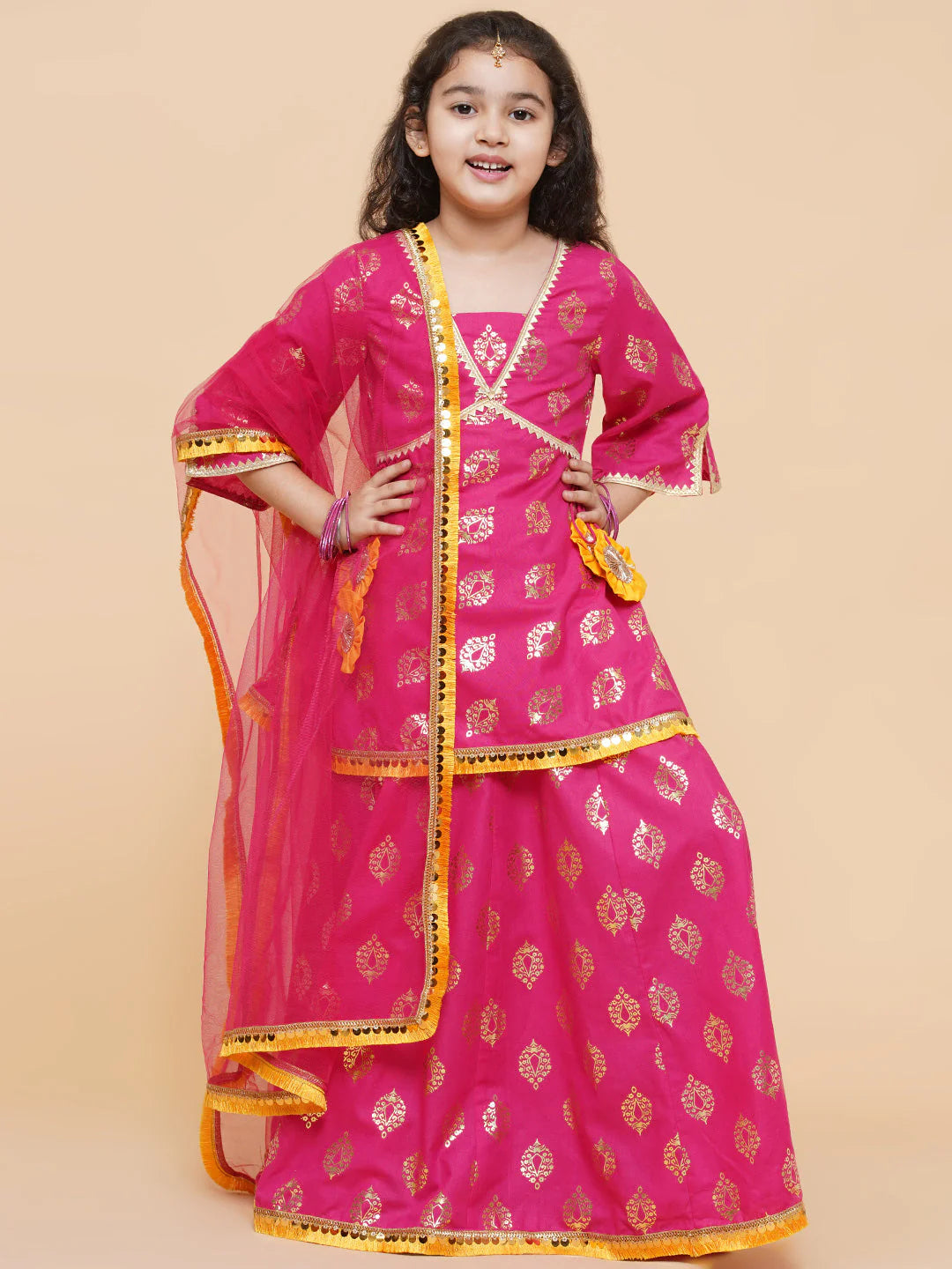 Girls Pink Foil Printed Ready To Wear Lehenga & Blouse With Dupatta - Mitthu Kids Ethnic Wear