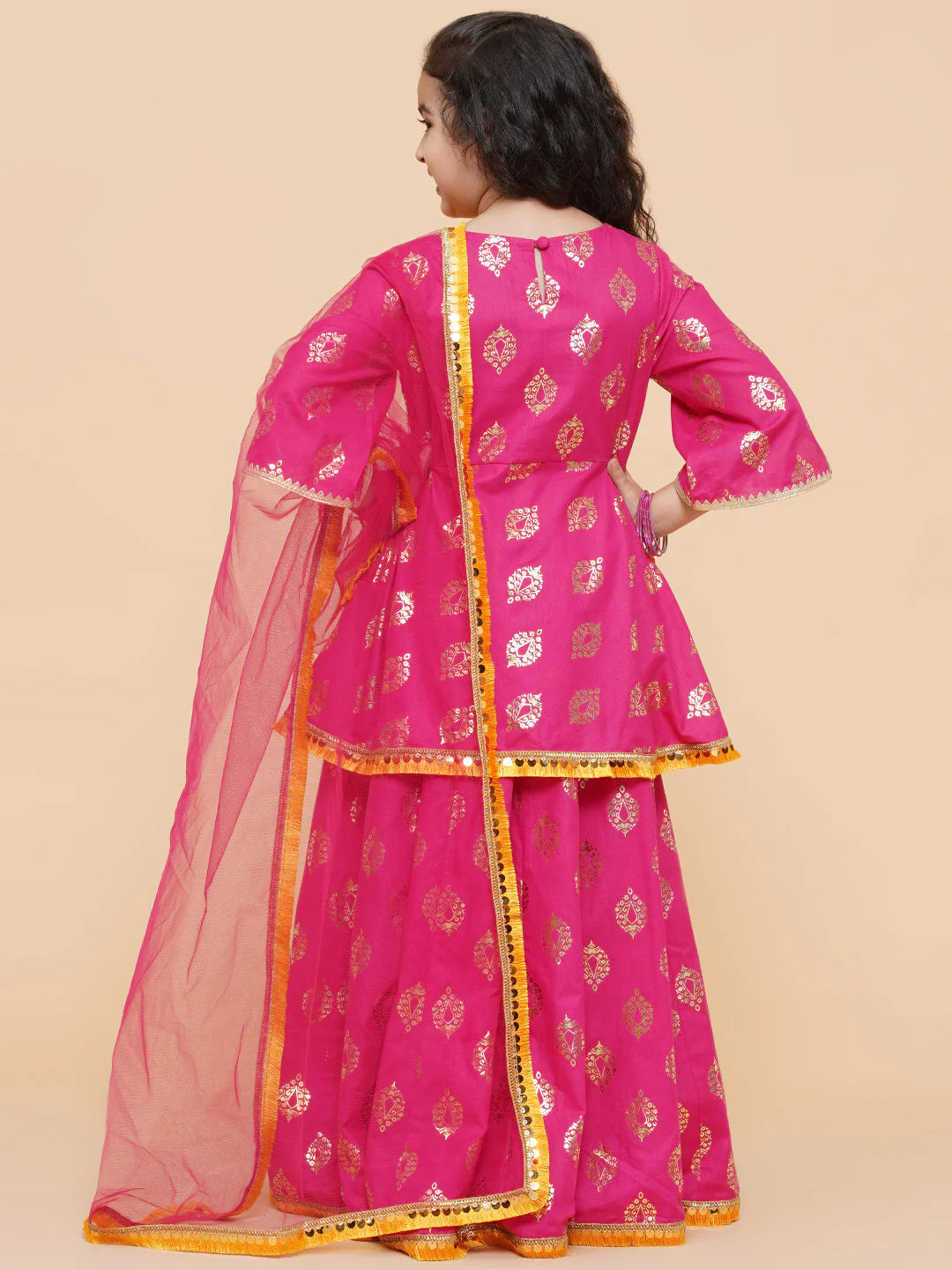 Girls Pink Foil Printed Ready To Wear Lehenga & Blouse With Dupatta - Mitthu Kids Ethnic Wear
