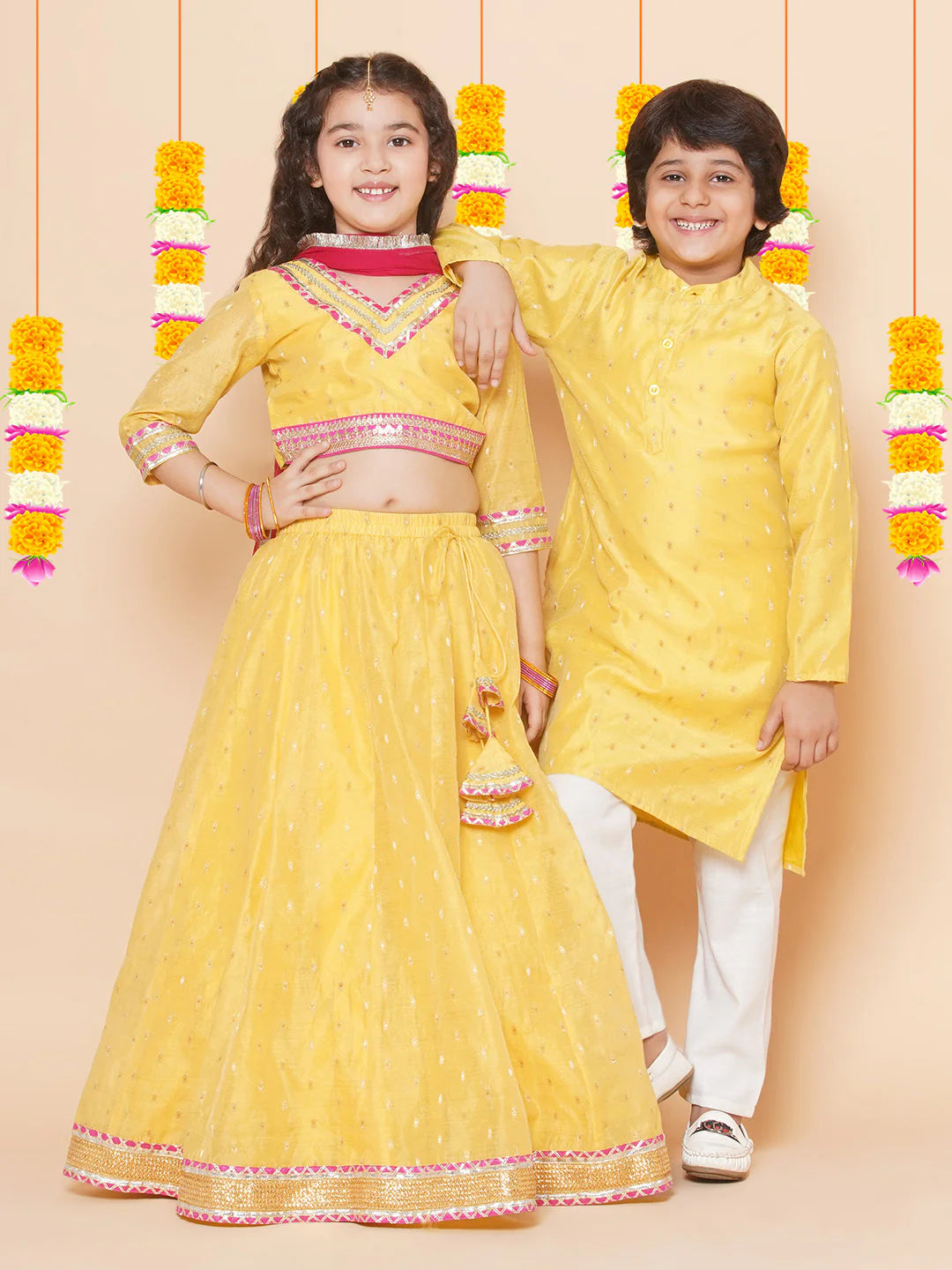 Girls Yellow Jacquard Booti Lehenga Choli Ready to Wear with Pink Dupatta - Mitthu Kids Ethnic Wear