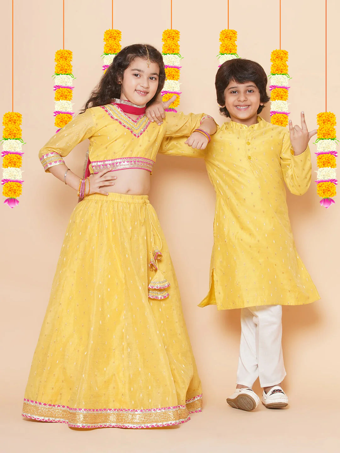Boys Yellow Self Design Booti Kurta with Pyjamas - Mitthu Kids Ethnic Wear