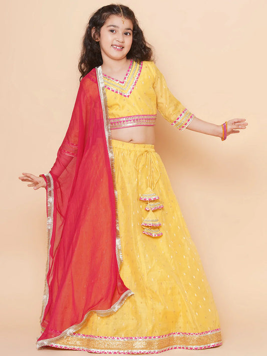 Girls Yellow Jacquard Booti Lehenga Choli Ready to Wear with Pink Dupatta - Mitthu Kids Ethnic Wear