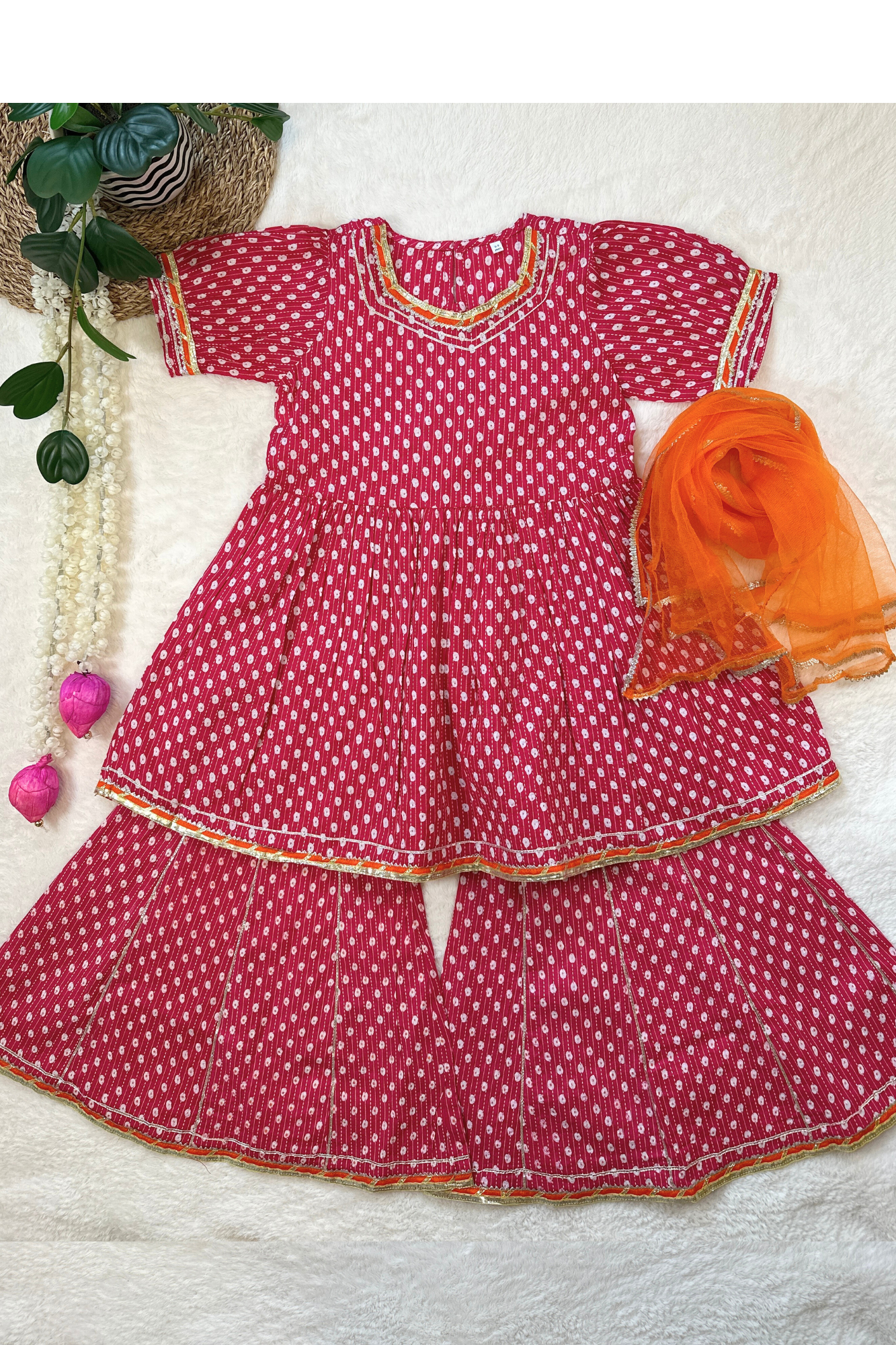 Jaipur Print Kurta Sharara with Dupatta Set-Pink - Mitthu Kids Ethnic Wear