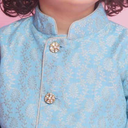 Boys Silk Nehru Jacket / Waistcoat- Light Blue & Gold - Mitthu Kids Ethnic Wear