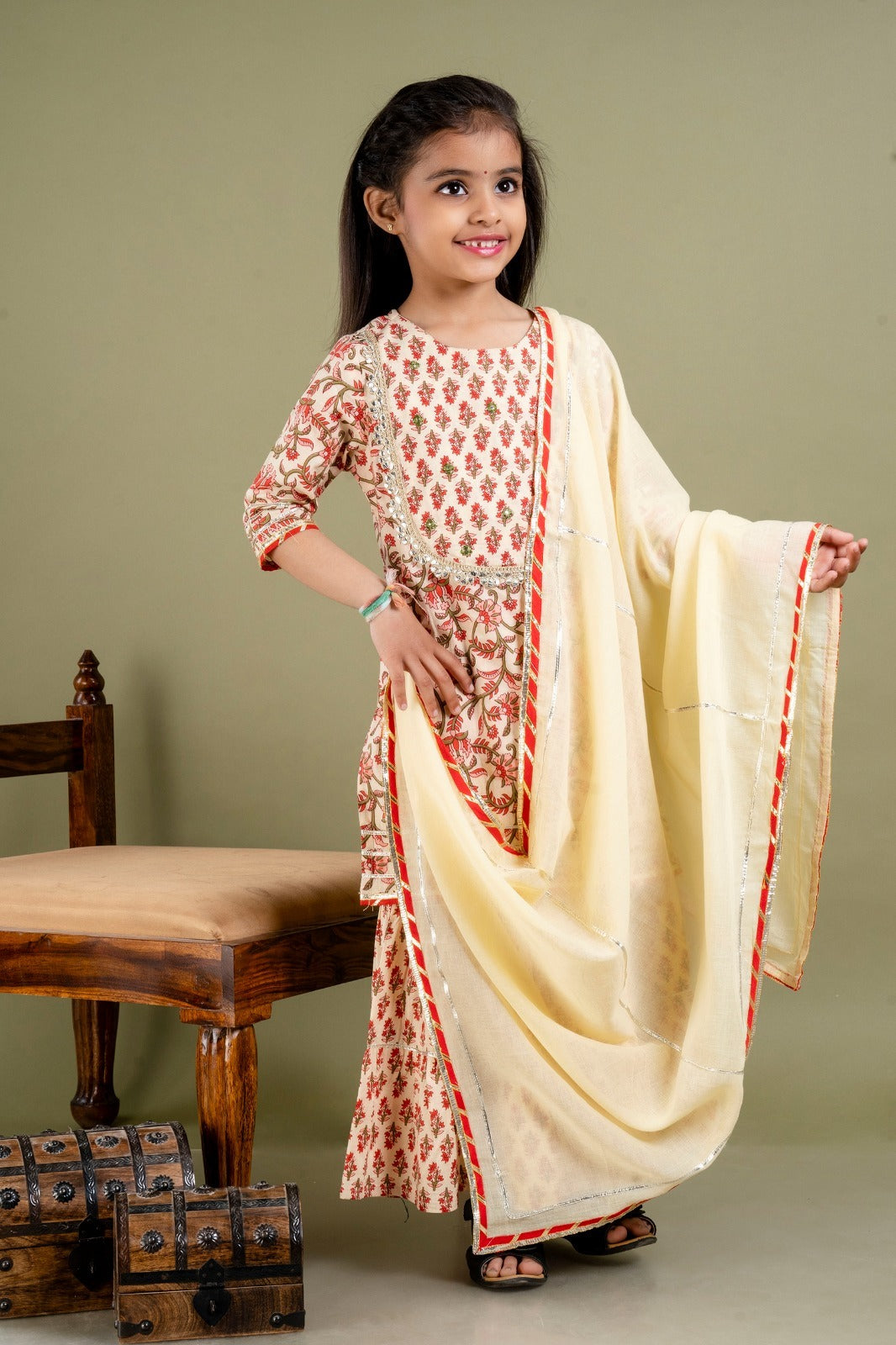 Jaipur Print Kurta Sharara with Dupatta Set-Brown - Mitthu Kids Ethnic Wear